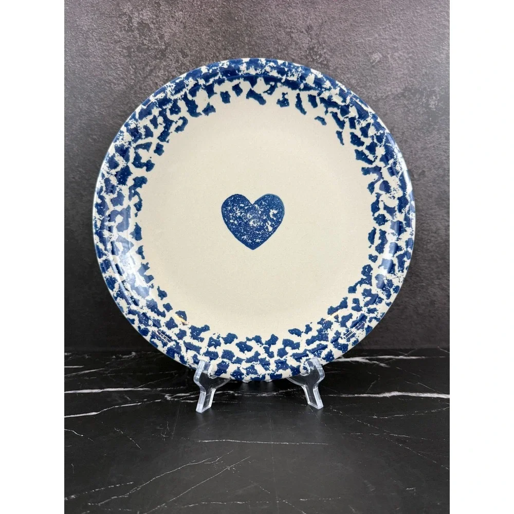 VTG Tienshen Folk Craft Hearts Blue White Spongeware 10 1/4in Dinner Plate READ